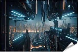 Cyberpunk Stad Natt Panorama Affisch